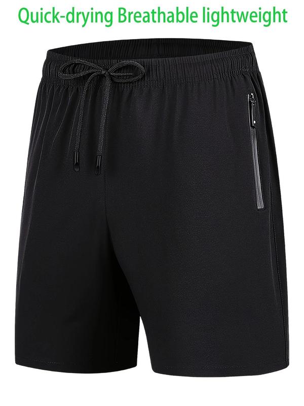 Men's Summer Solid Zipper Pocket Drawstring Waist Shorts, Men's Summer Bottoms, Regular Fit Casual Breathable Quick Drying Straight Leg Shorts for Summer, Mens Shorts for Daily Wear