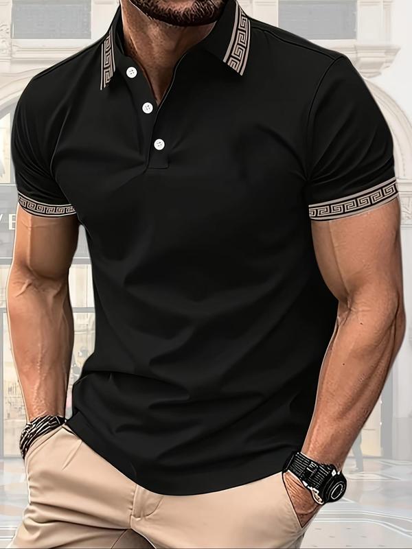 Men's Patchwork Geometric Print Polo Shirt, Regular Fit Casual Short Sleeve Button Top, Fashion Men's Streetwear Clothes for Summer