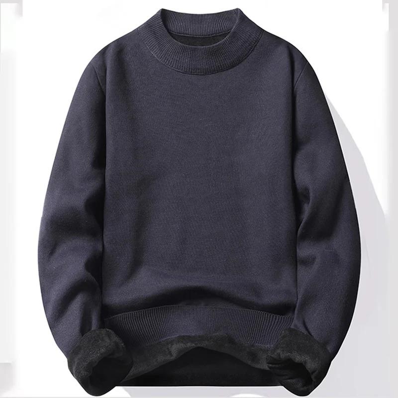 Winter New Men's Knitted Sweater with A Half High Collar Solid Color Plush and Warm Knitted Lining Top  Casual and Versatile Top