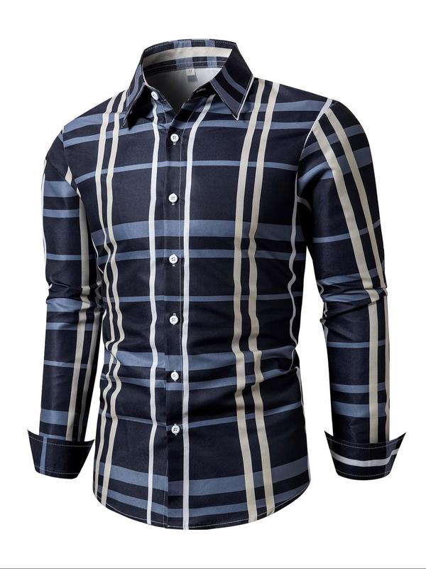 Men's Random Plaid Print Button Front Shirt, Regular Fit Casual Long Sleeve Collared Top for All Seasons, Men's Clothes for Daily Wear