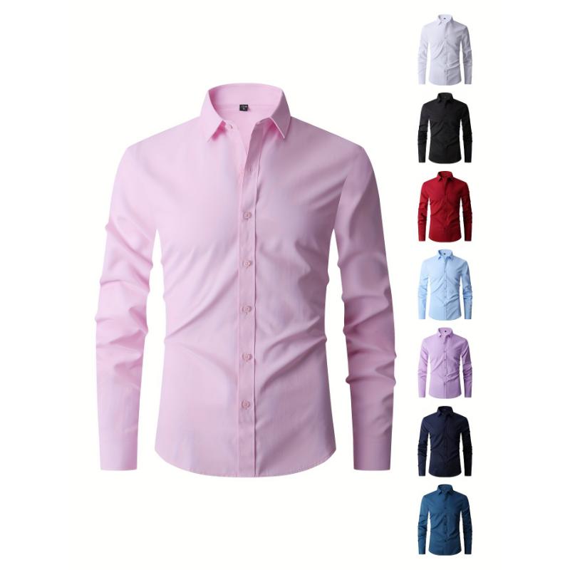 Classic Slim Fit Long Sleeve Button-Up Shirt for Men - Polyester Blends, Lapel Collar, Single Breasted Placket, Regular Length, Cotton Blend Lining, Hand Wash Only - Perfect for Wedding, Formal Events, and Work Wear