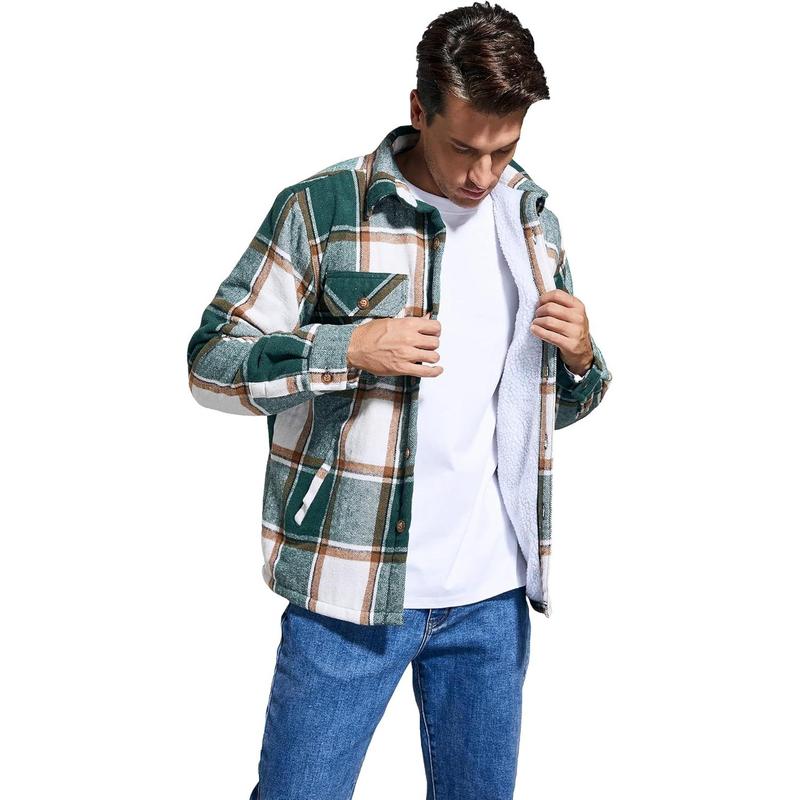 Men's Cotton Flannel Shirt Jacket Fleece Lined Long Sleeve Plaid Shirt for Men