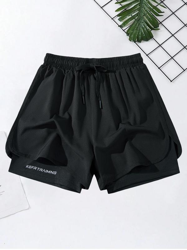 Men's 2 in 1 Letter Print Drawstring Waist Shorts, Men's Clothing Outfits, Regular Fit Casual Breathable Elastic Waist Straight Leg Shorts for Summer, Men's Bottoms for Daily Wear