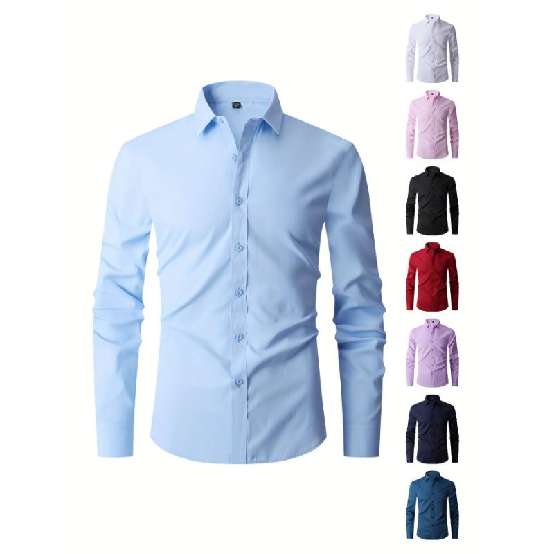 Classic Slim Fit Long Sleeve Button-Up Shirt for Men - Polyester Blends, Lapel Collar, Single Breasted Placket, Regular Length, Cotton Blend Lining, Hand Wash Only - Perfect for Wedding, Formal Events, and Work Wear