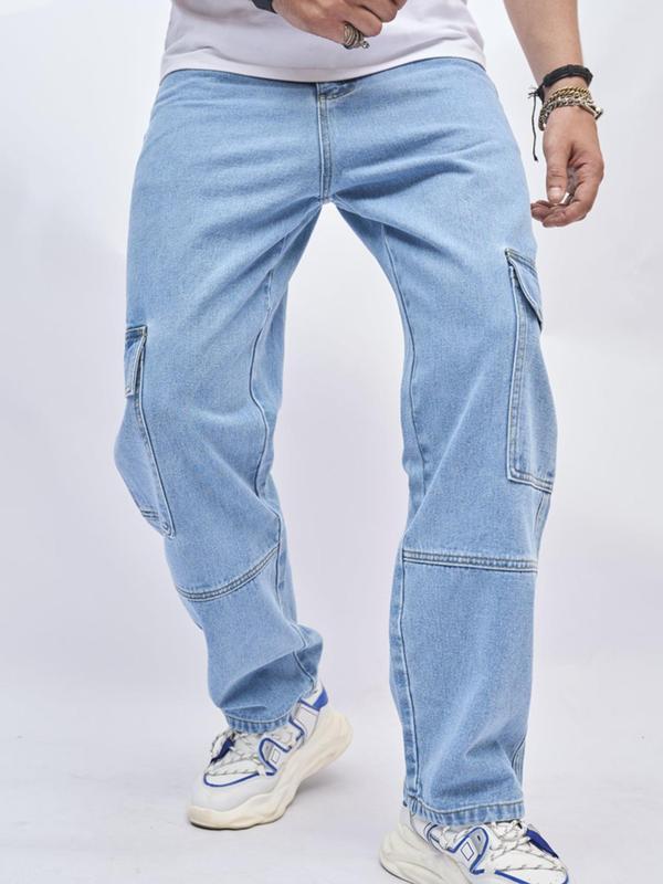 Men's Flap Pocket Button Fly Cargo Jeans, Regular Fit Casual Street Comfy Denim Pants for Daily Wear, Woven Bottoms for All Seasons