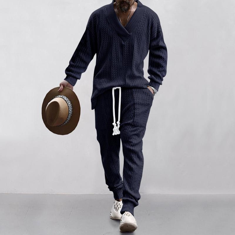 Men's Casual Trousers V-neck All-Matching Jacquard Sweater Men's Clothing Autumn Suit