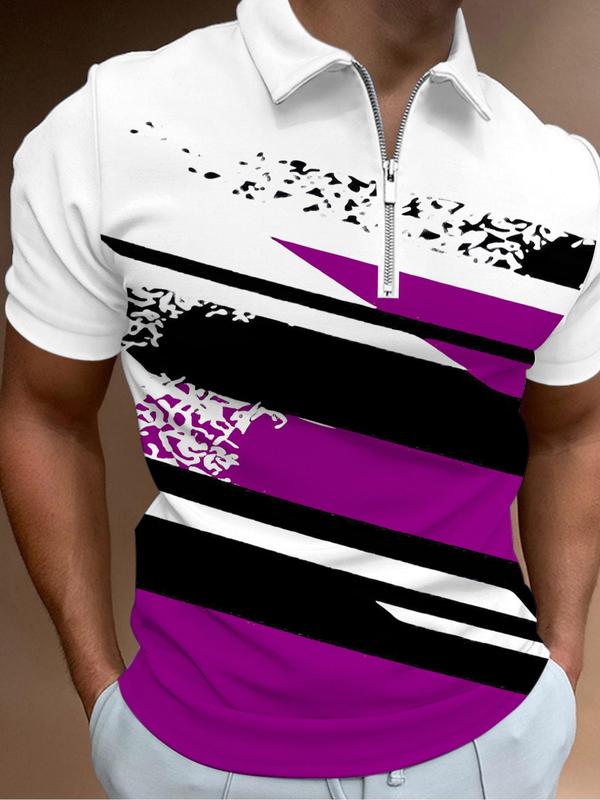 Men's Patchwork Print Zipper Polo Shirt, Regular Fit Casual Short Sleeve Collar Top for Summer, Fashion Men's Clothes for Daily Wear