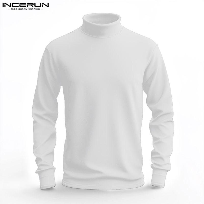 INCERUN Mens Long Sleeve Turtleneck Tops Sweater Shirts Solid Casual Skinny Pullover