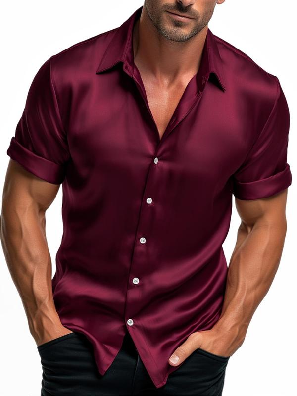 Men's Solid Short Sleeve Button Front Shirt, Slim Casual Comfort Collared Shirt for Daily Wear, Summer Top for Men