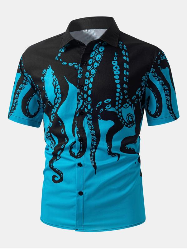 Men's Octopus Print Button Front Shirt, Regular Fit Casual Short Sleeve Top for Summer, Fashion Men's Clothes for Daily Wear