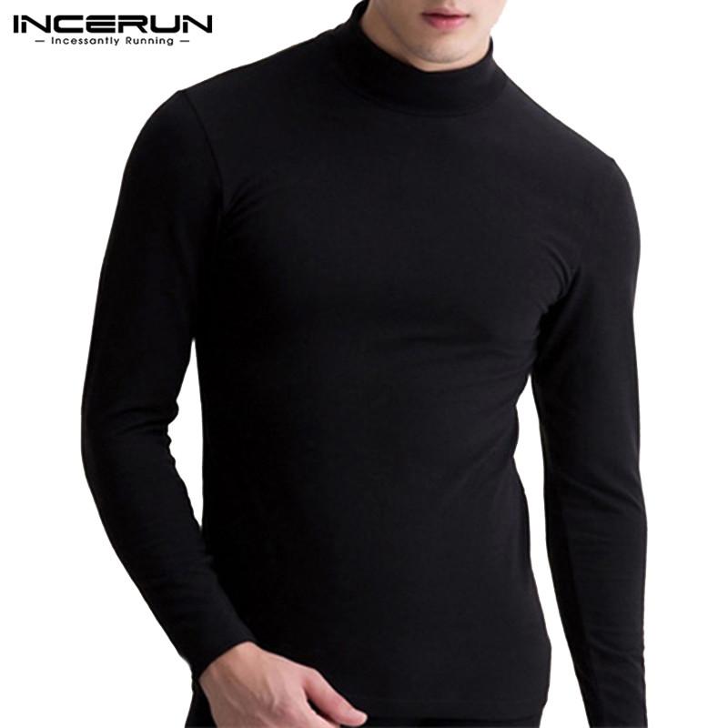 INCERUN Mens Long Sleeve Turtleneck Tops Sweater Shirts Solid Casual Skinny Pullover