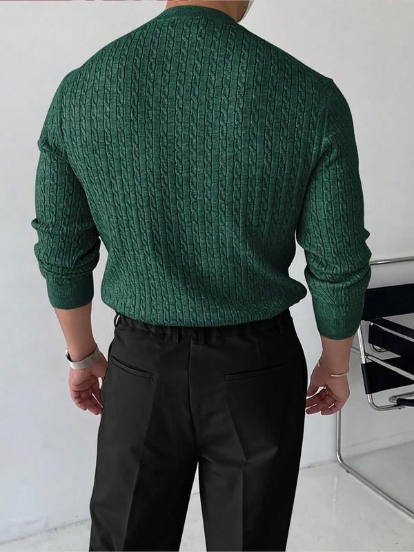 Men's Solid Textured Round Neck Knit Top, Fall Clothes 2024, Regular Fit Casual Long Sleeve Crew Neck Cable Knit Jumper for Fall & Winter, Fashion Men's Knitwear for Daily Wear