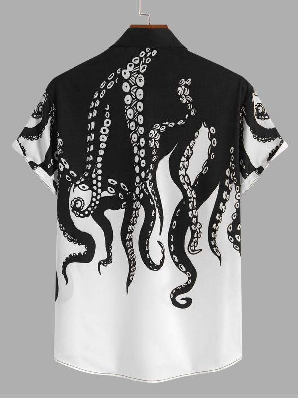 Men's Octopus Print Button Front Shirt, Regular Fit Casual Short Sleeve Top for Summer, Fashion Men's Clothes for Daily Wear