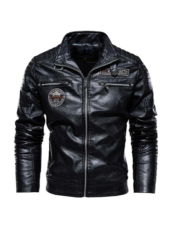 Men's Regular Fit Solid Pocket Zipper Faux Leather Jacket, Fashion Casual Long Sleeve Collared Outerwear for Daily Outdoor Wear, Men Cloths for Fall & Winter