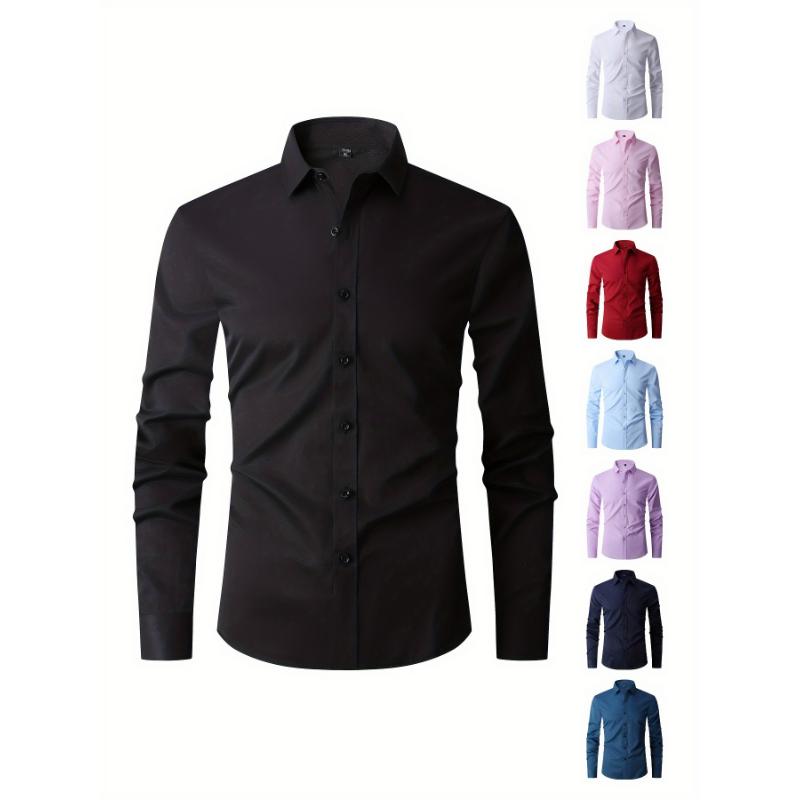 Classic Slim Fit Long Sleeve Button-Up Shirt for Men - Polyester Blends, Lapel Collar, Single Breasted Placket, Regular Length, Cotton Blend Lining, Hand Wash Only - Perfect for Wedding, Formal Events, and Work Wear