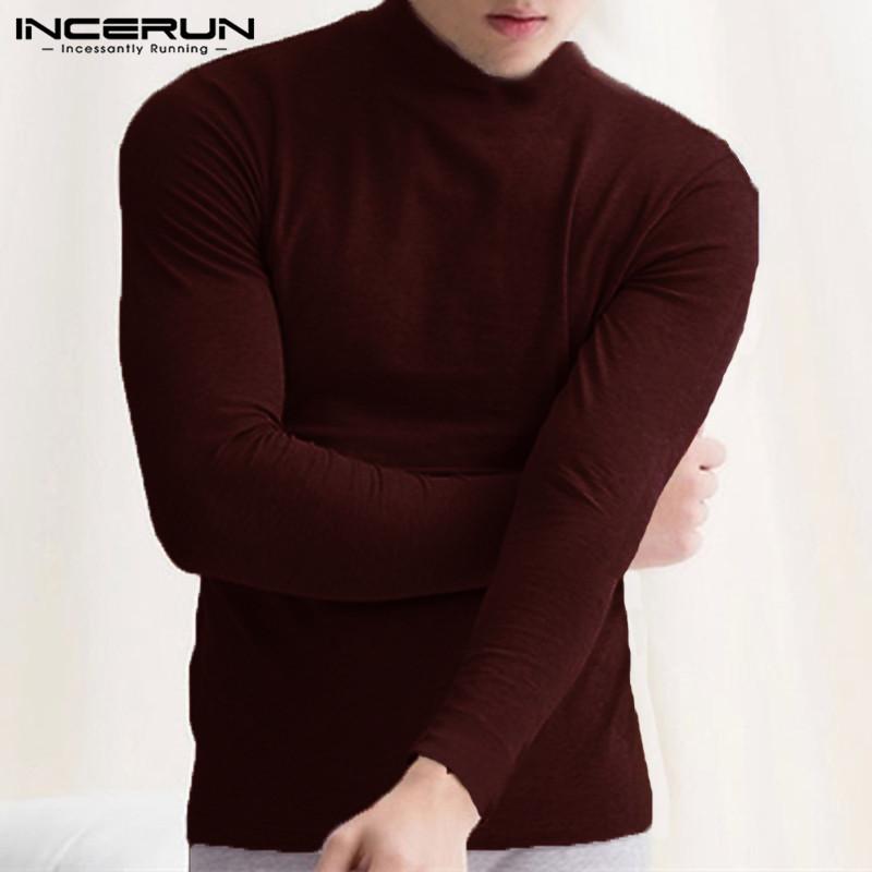 INCERUN Mens Long Sleeve Turtleneck Tops Sweater Shirts Solid Casual Skinny Pullover