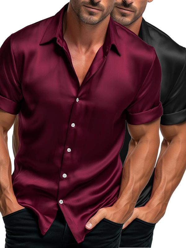 Men's Solid Short Sleeve Button Front Shirt, Slim Casual Comfort Collared Shirt for Daily Wear, Summer Top for Men