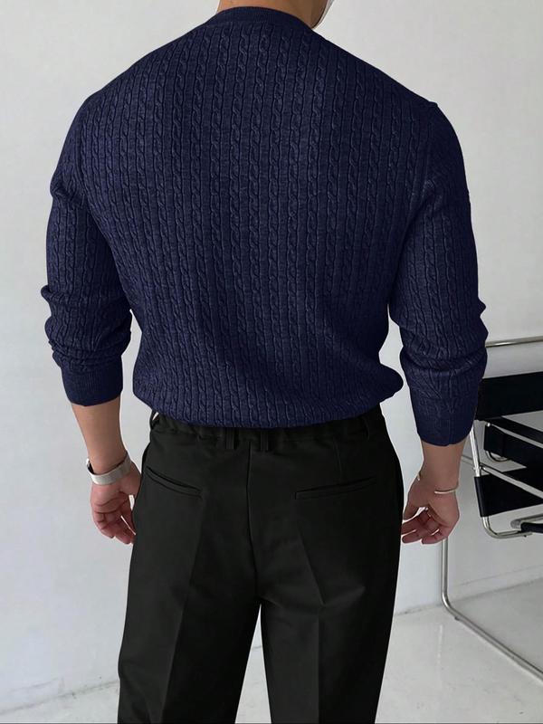 Men's Solid Textured Round Neck Knit Top, Fall Clothes 2024, Regular Fit Casual Long Sleeve Crew Neck Cable Knit Jumper for Fall & Winter, Fashion Men's Knitwear for Daily Wear