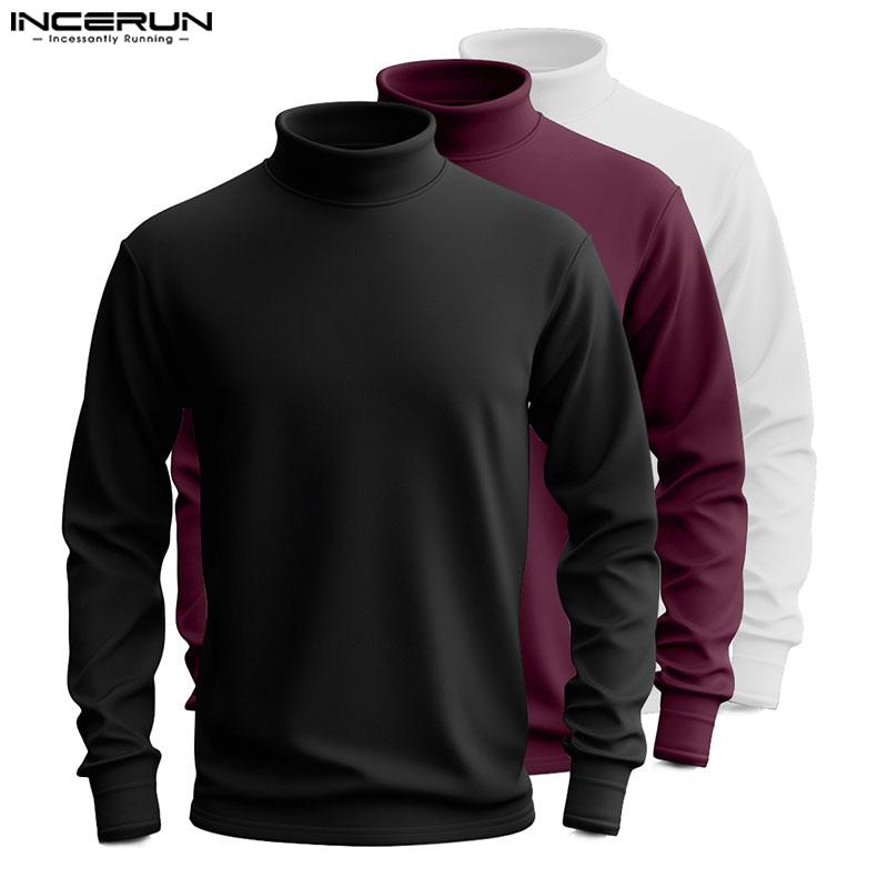 INCERUN Mens Long Sleeve Turtleneck Tops Sweater Shirts Solid Casual Skinny Pullover