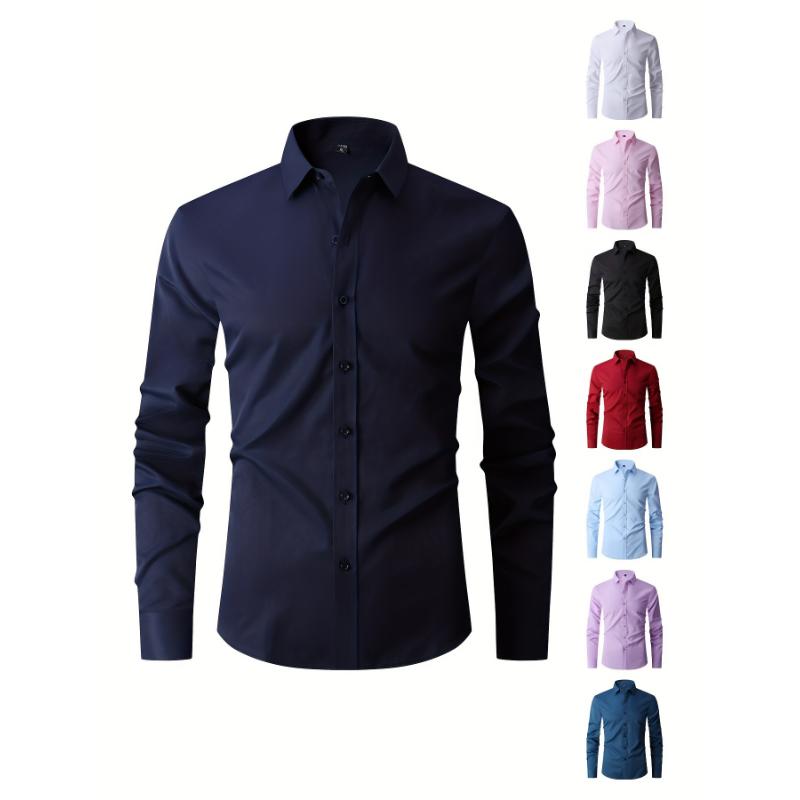 Classic Slim Fit Long Sleeve Button-Up Shirt for Men - Polyester Blends, Lapel Collar, Single Breasted Placket, Regular Length, Cotton Blend Lining, Hand Wash Only - Perfect for Wedding, Formal Events, and Work Wear