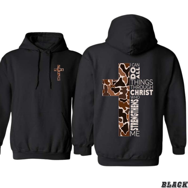 Christian 2 Siders Hoodie, Camo Cross Design with Philippians Verse, Perfect for Faithful Believers and Outdoorsmen, Cozy Hoodie for Men, Women