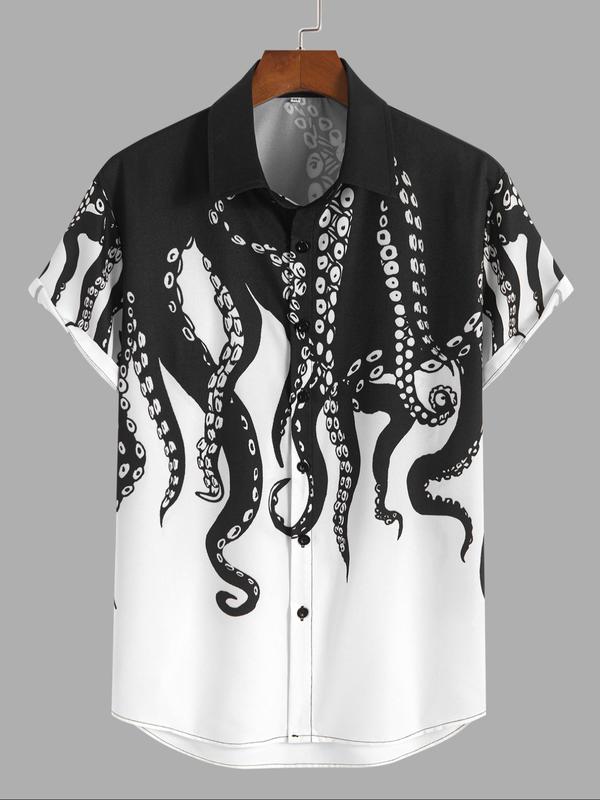 Men's Octopus Print Button Front Shirt, Regular Fit Casual Short Sleeve Top for Summer, Fashion Men's Clothes for Daily Wear