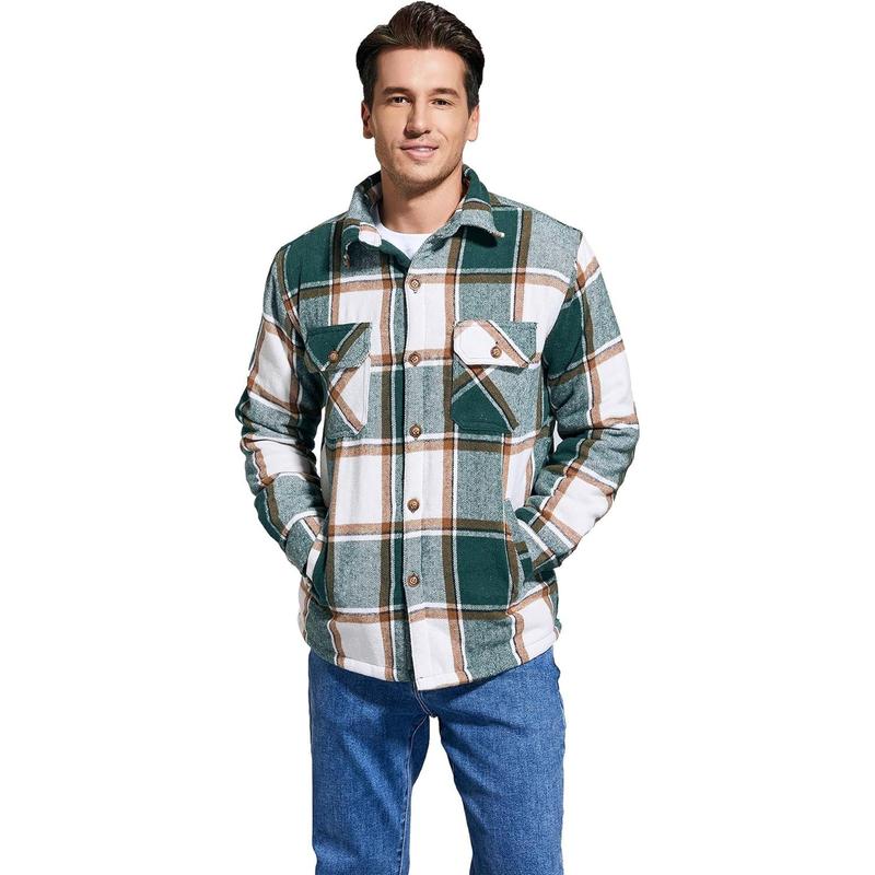 Men's Cotton Flannel Shirt Jacket Fleece Lined Long Sleeve Plaid Shirt for Men