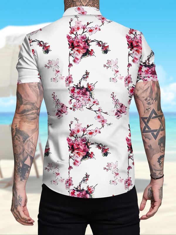 Men's Regular Fit Floral Print Button Front Shirt without Tee & Necklace, Casual Short Sleeve Collared Top for Summer, Fashion Men's Clothes for Beach Vacation