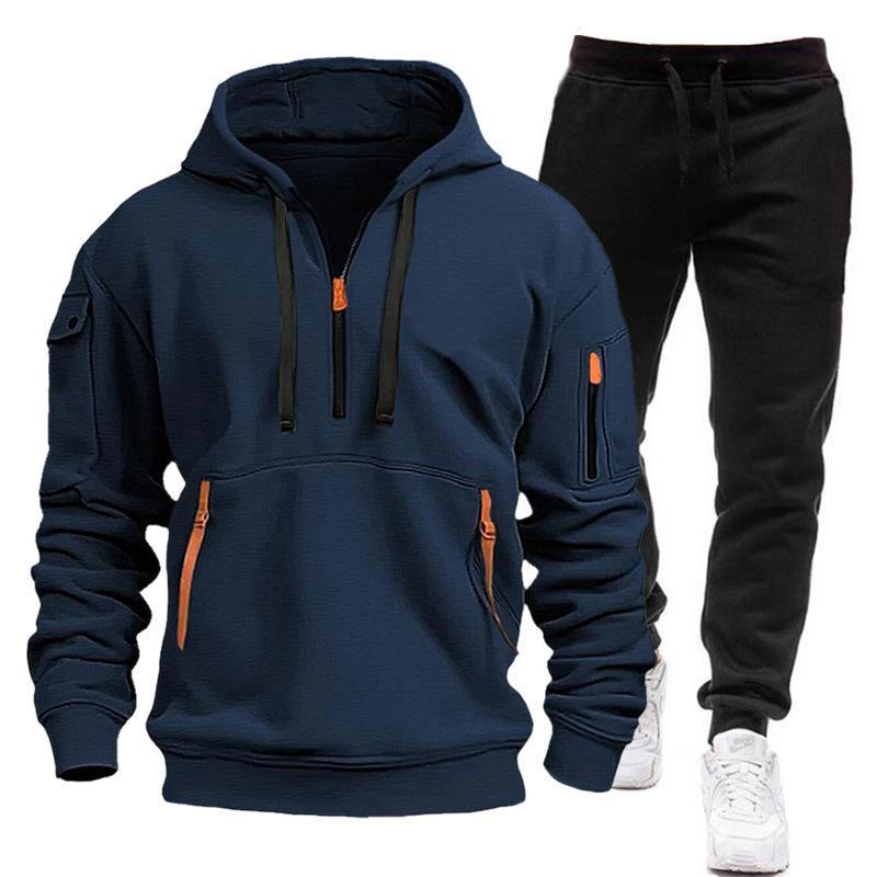 Suit Men's Autumn and Winter New Fleece-lined Multi-Pocket Zipper Sweater Suit Personal Leisure Hoodie Suit