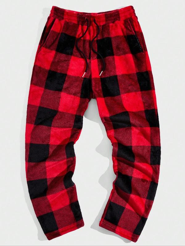 Men's Plaid Print Drawstring Waist Flannel Sweatpants, Regular Fit Casual Comfy Pocket Straight Leg Trousers for Fall & Winter, Men's Bottoms for Daily Wear