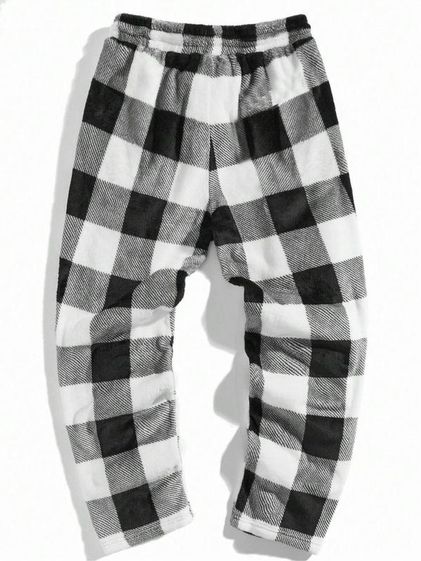 Men's Plaid Print Drawstring Waist Flannel Sweatpants, Regular Fit Casual Comfy Pocket Straight Leg Trousers for Fall & Winter, Men's Bottoms for Daily Wear