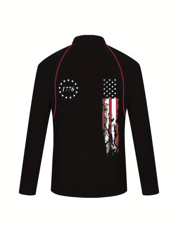 Men's American Flag Print Button Front Polo Shirt, Regular Fit Casual Long Sleeve Collared Top for All Seasons, Fashion Men's Clothes for Daily Wear