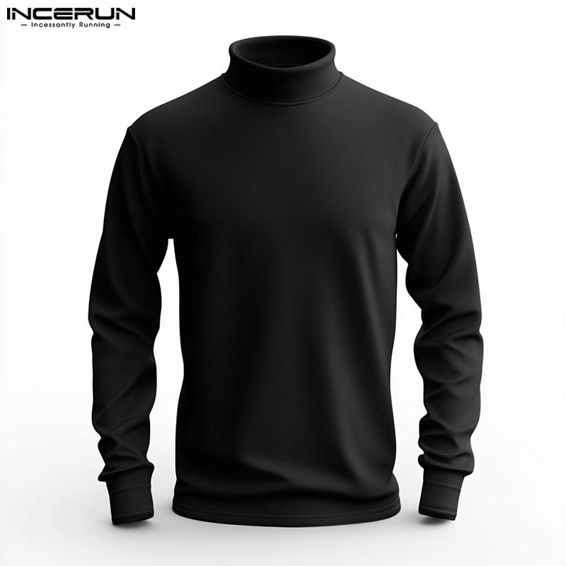 INCERUN Mens Long Sleeve Turtleneck Tops Sweater Shirts Solid Casual Skinny Pullover