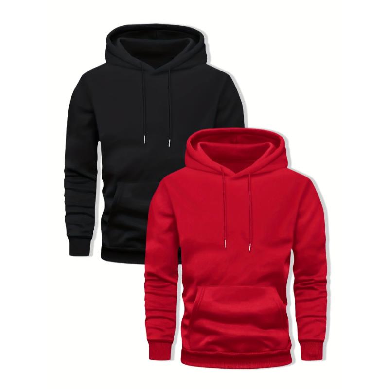 Men's 2-pack Set Of Solid Color Hooded Long Sleeve Fleece Sweatshirts With A Kangaroo Pocket, Autumn And Winter Sports Hoodies For Casual Outerwear