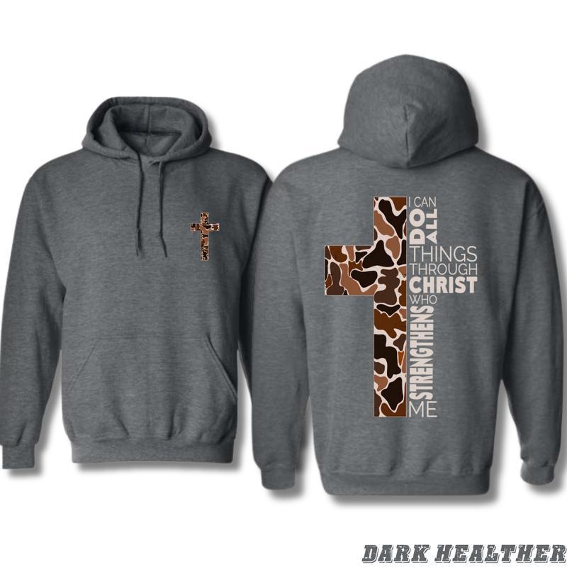 Christian 2 Siders Hoodie, Camo Cross Design with Philippians Verse, Perfect for Faithful Believers and Outdoorsmen, Cozy Hoodie for Men, Women