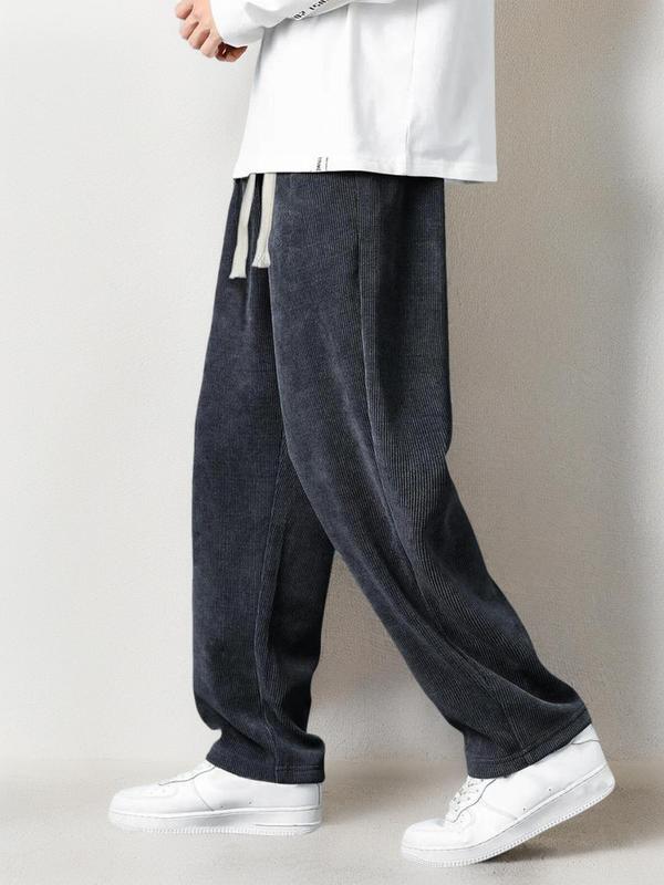 Men's Plain Pocket Drawstring Waist Corduroy Sweatpants, Fashionable Loose Baggy Straight Leg Pants for Men, Fall Pants for Men, Streetwear Trousers Menswear, Lazy Drippy Outfits Going Out Outfit, Fallfreshness Clothes Pantaloons