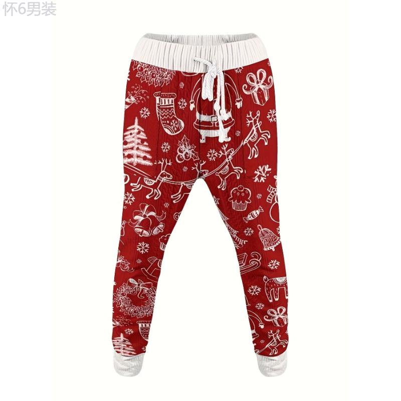 Festive Men's V-Neck Sweatsuit Set - Casual Polyester Knit Fabric Long Sleeve Outfit with Cartoon Patterns, Slight Stretch, Loose Fit for Fall Season Party and Christmas - Adult Lash Sets with Heat Transfer Print Design (85% Polyester, 15% Cotton  Cotton