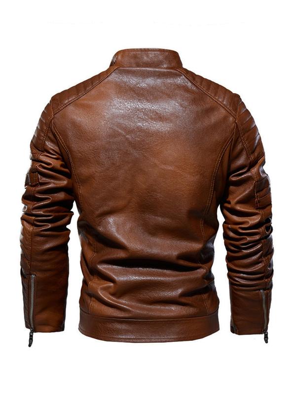 Men's Regular Fit Solid Pocket Zipper Faux Leather Jacket, Fashion Casual Long Sleeve Collared Outerwear for Daily Outdoor Wear, Men Cloths for Fall & Winter