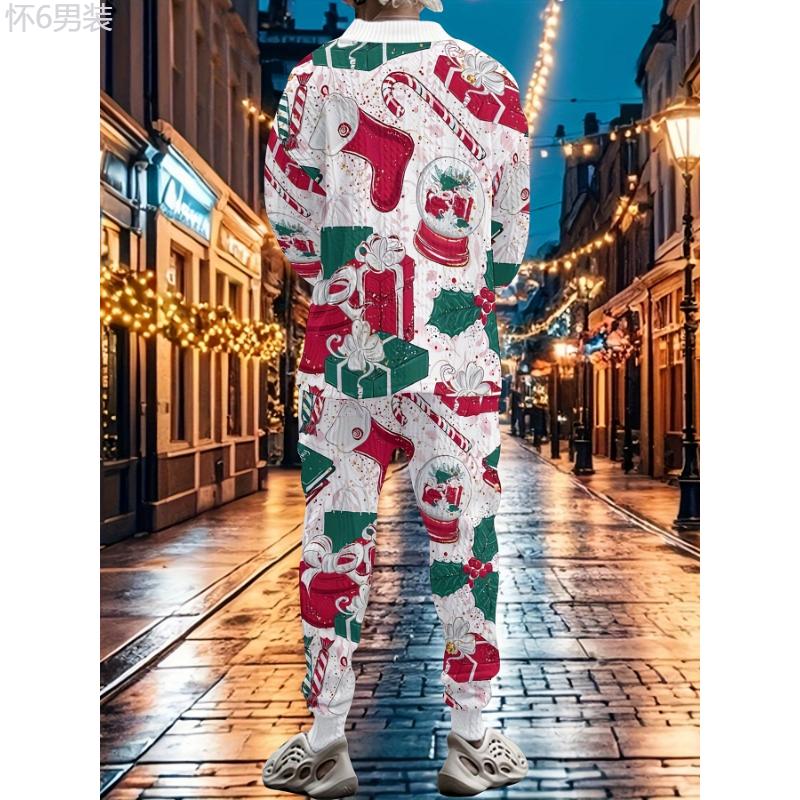 Festive Men's V-Neck Sweatsuit Set - Casual Polyester Knit Fabric Long Sleeve Outfit with Cartoon Patterns, Slight Stretch, Loose Fit for Fall Season Party and Christmas - Adult Lash Sets with Heat Transfer Print Design (85% Polyester, 15% Cotton  Cotton