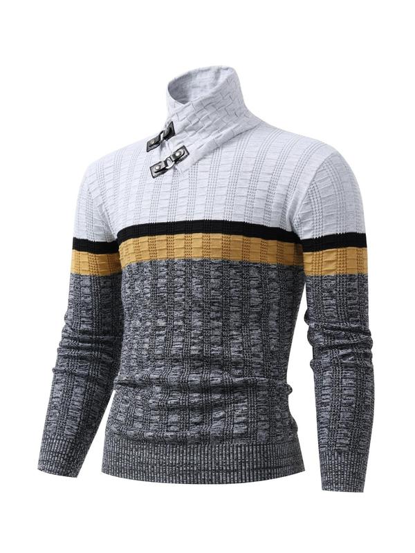 Men's Colorblock Buckle Design High Neck Sweater Pullover, Regular Fit Casual Long Sleeve Jumper for Fall & Winter, Fashion Men's Knitwear for Daily Wear