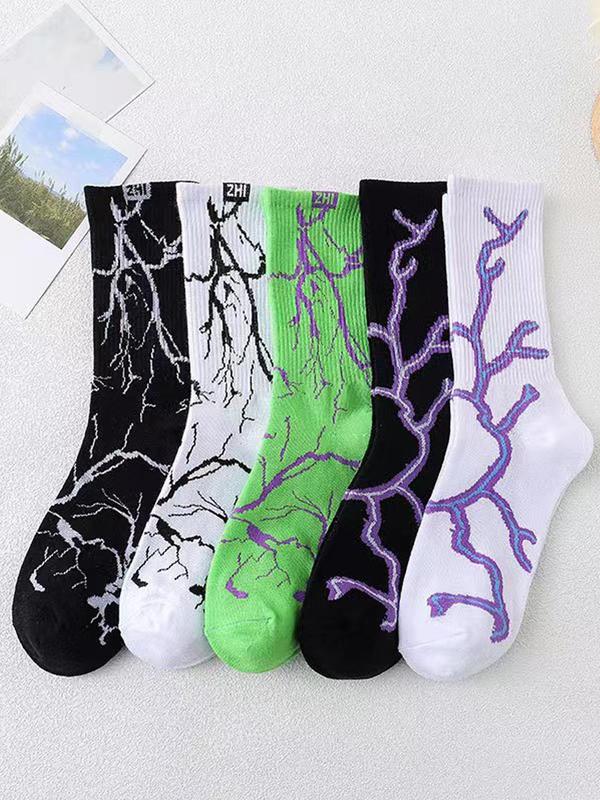 Men's 5 Pairs Novelty All Over Print Crew Socks, Casual Street Style Multicolor Lightning Print Athletic Socks, Soft Comfy Breathable Graphic Mid-calf Socks For Men, Menswear