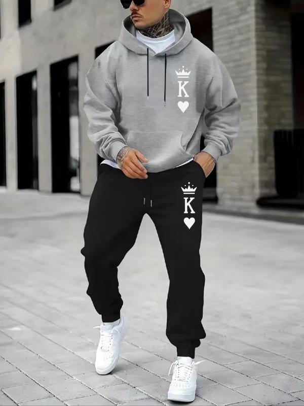 Men's Letter Print Kangaroo Pocket Hoodie & Drawstring Waist Sweatpants Set, Sporty Regular Fit Long Sleeve Hooded Sweatshirt & Pocket Jogger Pants, Men's Two-piece Outfits for Fall & Winter