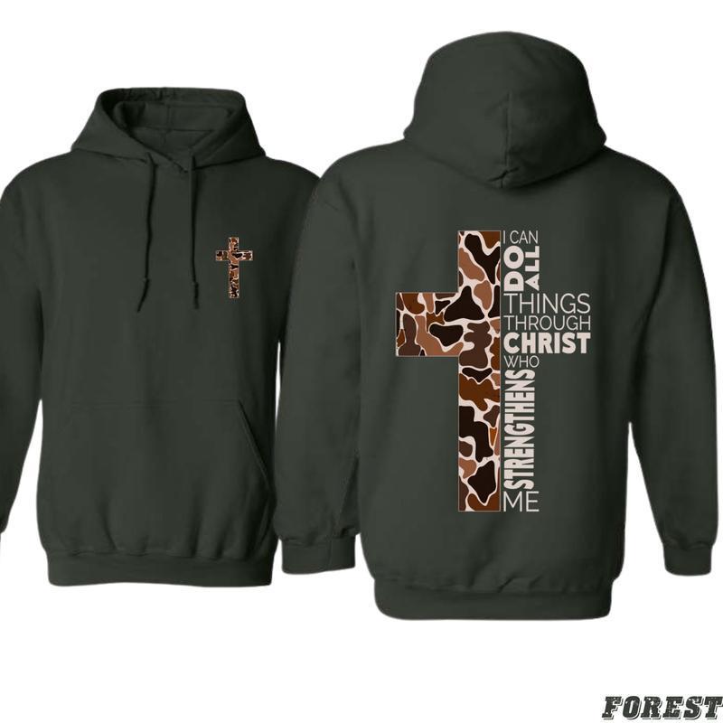 Christian 2 Siders Hoodie, Camo Cross Design with Philippians Verse, Perfect for Faithful Believers and Outdoorsmen, Cozy Hoodie for Men, Women