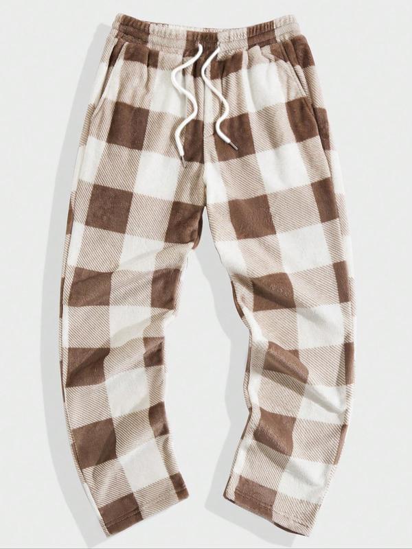 Men's Plaid Print Drawstring Waist Flannel Sweatpants, Regular Fit Casual Comfy Pocket Straight Leg Trousers for Fall & Winter, Men's Bottoms for Daily Wear