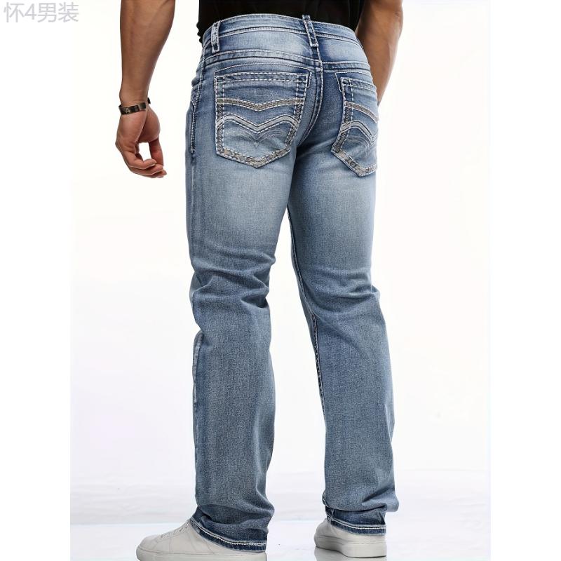 Four-Season Regular Fit Men's Classic Stretch Denim Jeans With Embroidered Design and Pockets Menswear Spandex Fabric Trouser