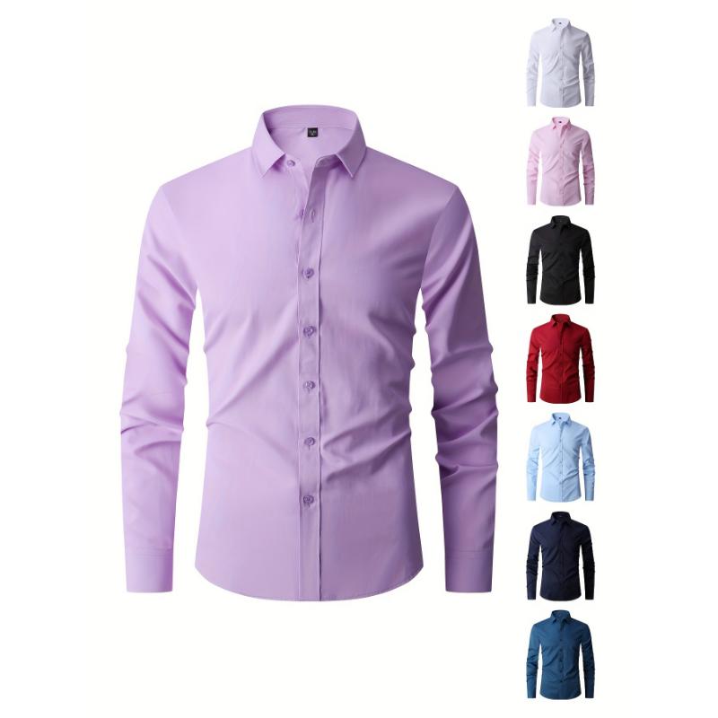 Classic Slim Fit Long Sleeve Button-Up Shirt for Men - Polyester Blends, Lapel Collar, Single Breasted Placket, Regular Length, Cotton Blend Lining, Hand Wash Only - Perfect for Wedding, Formal Events, and Work Wear