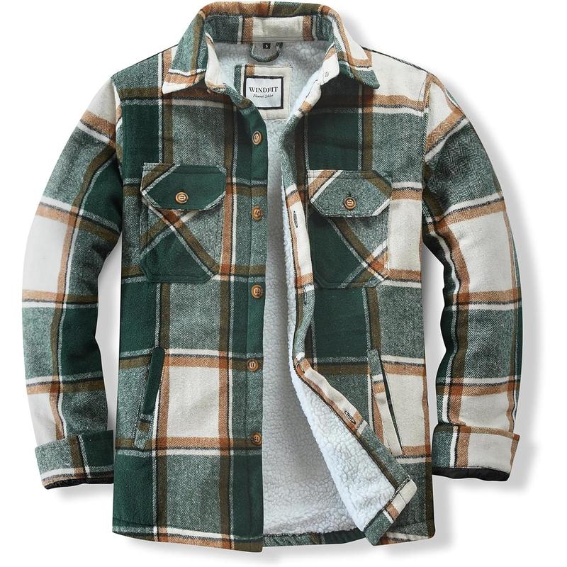 Men's Cotton Flannel Shirt Jacket Fleece Lined Long Sleeve Plaid Shirt for Men