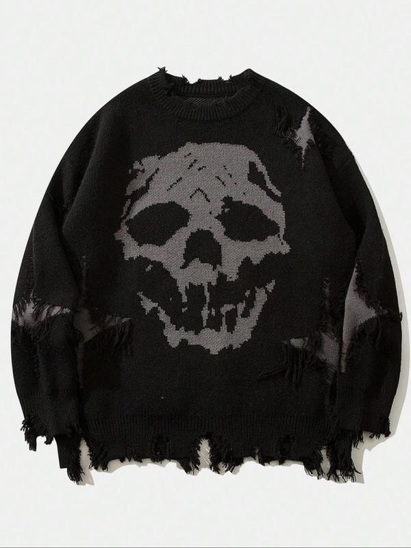 Men's Skull Print Ripped Drop Shoulder Sweater, Regular Fit Casual Long Sleeve Round Neck Jumper for Fall & Winter, Fashion Men's Knitwear for Daily Wear