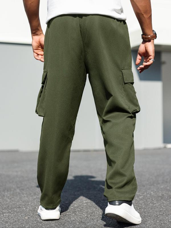  Men's Solid Flap Pocket Cargo Pants, Regular Fit Casual Drawstring Waist Trousers for Daily Wear, Men's Bottoms for All Seasons