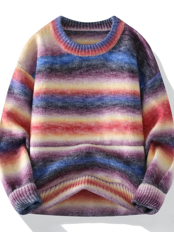 Men's Colorblock Rainbow Striped Print Round Neck Sweater, Regular Fit Casual Long Sleeve Crew Neck Jumper for Fall & Winter, Fashion Men's Knitwear for Daily Wear